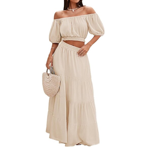 Summer 2 Piece Boho Outfit Women Short Sleeve Off Shoulder Crop Top Max Skirt - Picture 1 of 7
